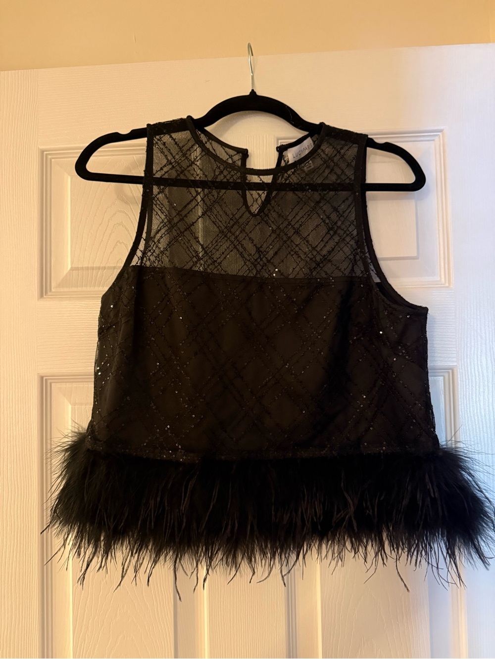 Lucy Paris Black Sheer Yoke Sequin Camisole with Feather Hem